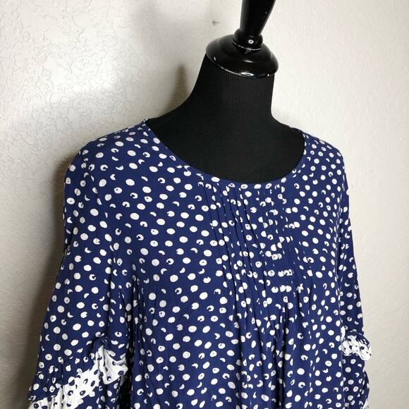 Soft Surroundings blue white polka dot ruffle trim top size Large - Picture 2 of 13